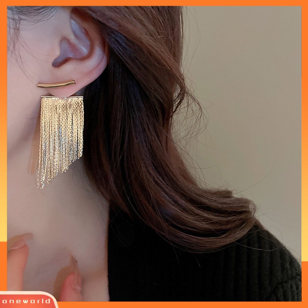 [EONE] 1pasang Anting Pejantan Bohemian Desain Busur Kilau Terang Geometris Electroplating Hias Hadiah Rantai Panjang Rumbai Liontin Anting Perhiasan Aksesoris Pernyataan Fashion