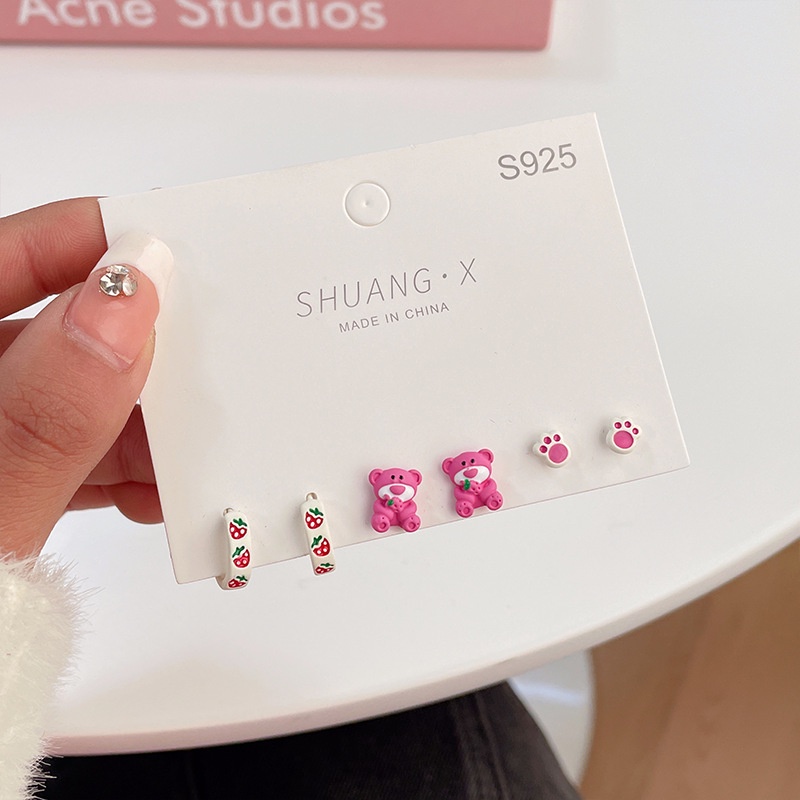S925 Silver Needle Pink Lucu Strawberry Bear Ear Stud Set