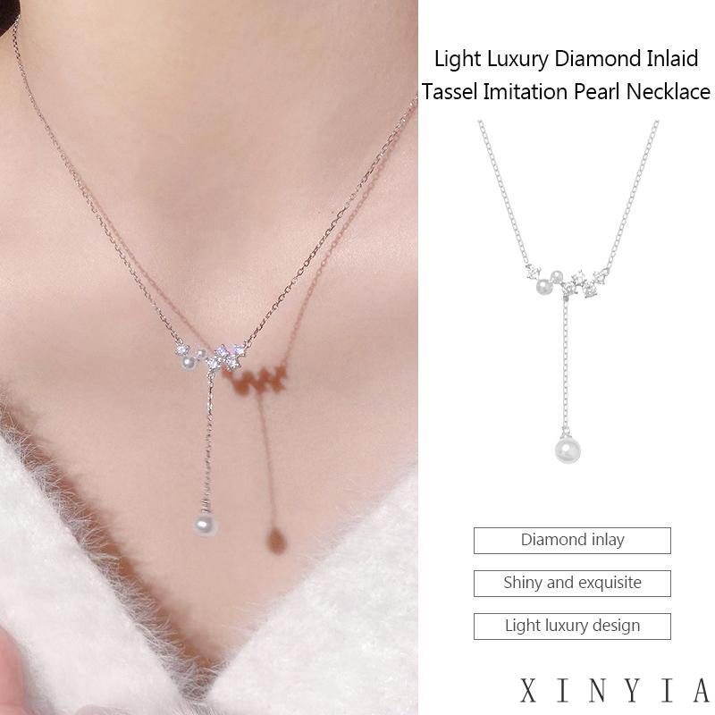 【Bayar di tempat】2023 Gaya Baru Korea Berlian Bertatahkan Tulang Selangka Rantai Rumbai Mutiara Imitasi Kalung Wanita Desain Mewah Ringan