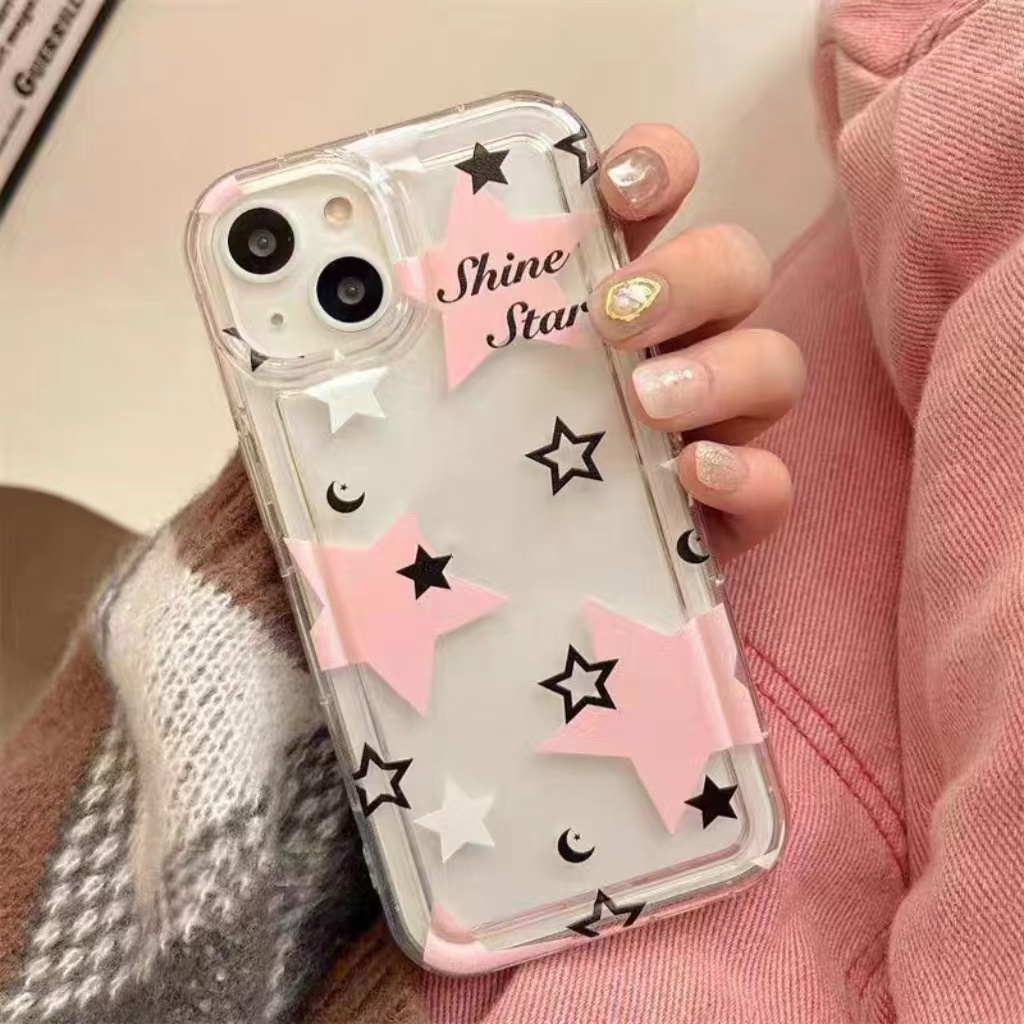 IPHONE Ins Star Phone Case Cocok Untuk Iphone14 14pro 14plus 13 13mini 13pro 13prm iPhone12 7Plus 8Plus Xr XS 13 12mini Pro Max Empat Sudut Casing Ponsel Transparan Tahan Guncangan