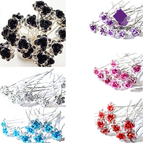 &lt; Naiveblues &gt; 5Pcs Chic Pertunangan Pernikahan Shiny Rhinestone Hair Rose Flower Hairpin
