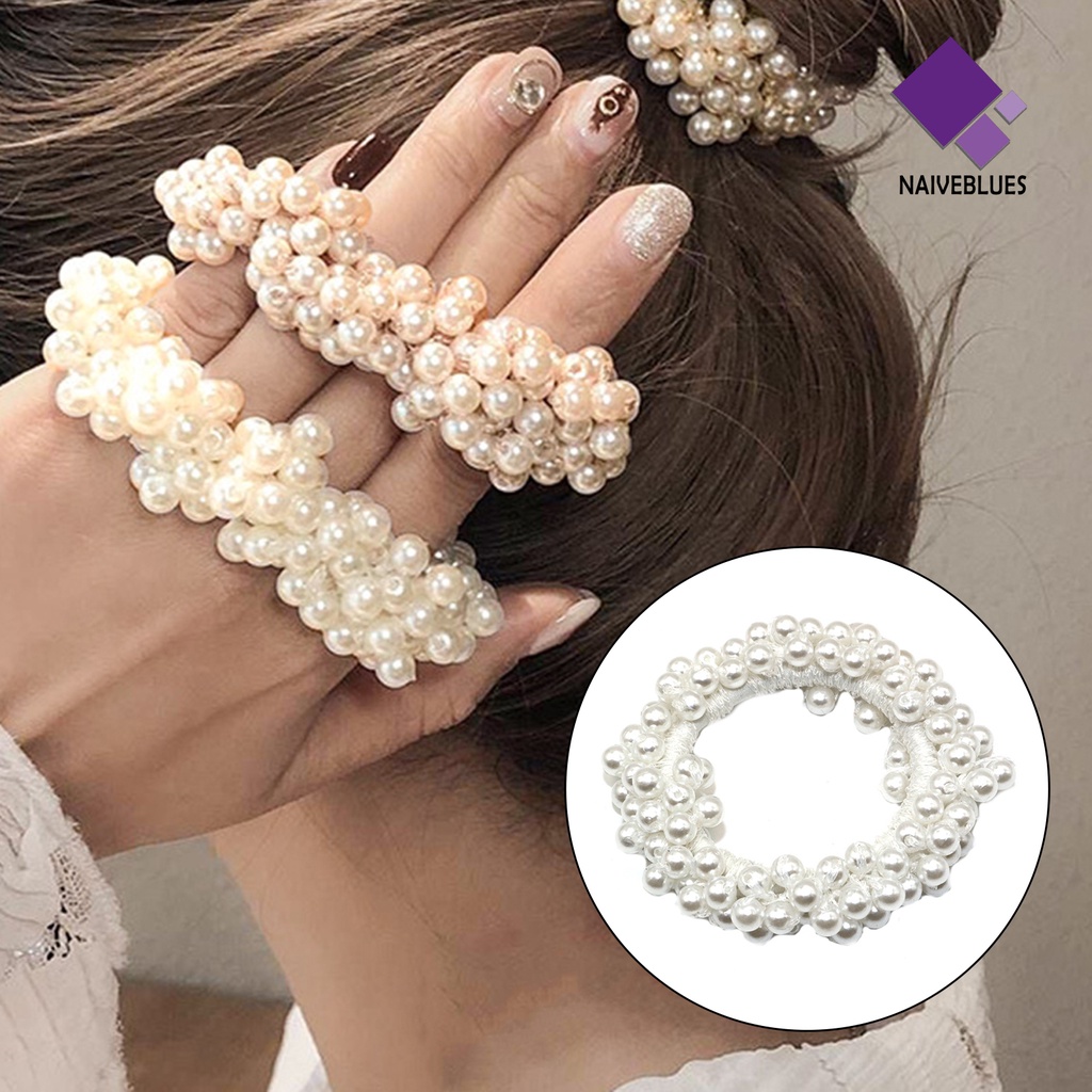 &lt; Naiveblues &gt; Ikat Rambut Mutiara Imitasi Besar Karet Halus Melar Warna Solid Tali Rambut Aksesoris Rambut