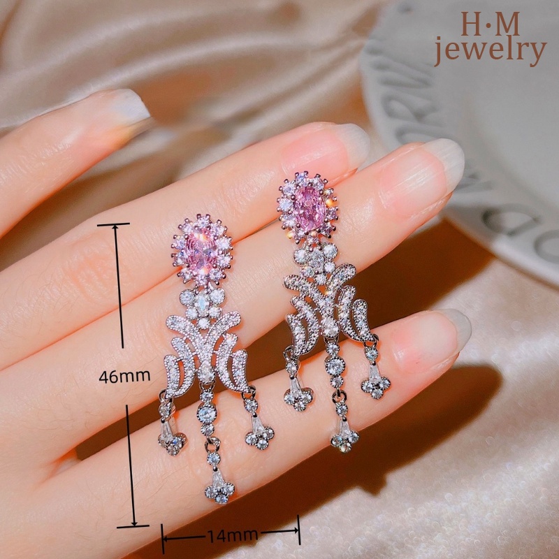 S925 Perak Fashion Elegan Merah Muda Berlian Anting Panjang Mewah Fringe Panjang Rumbai Anting-Anting