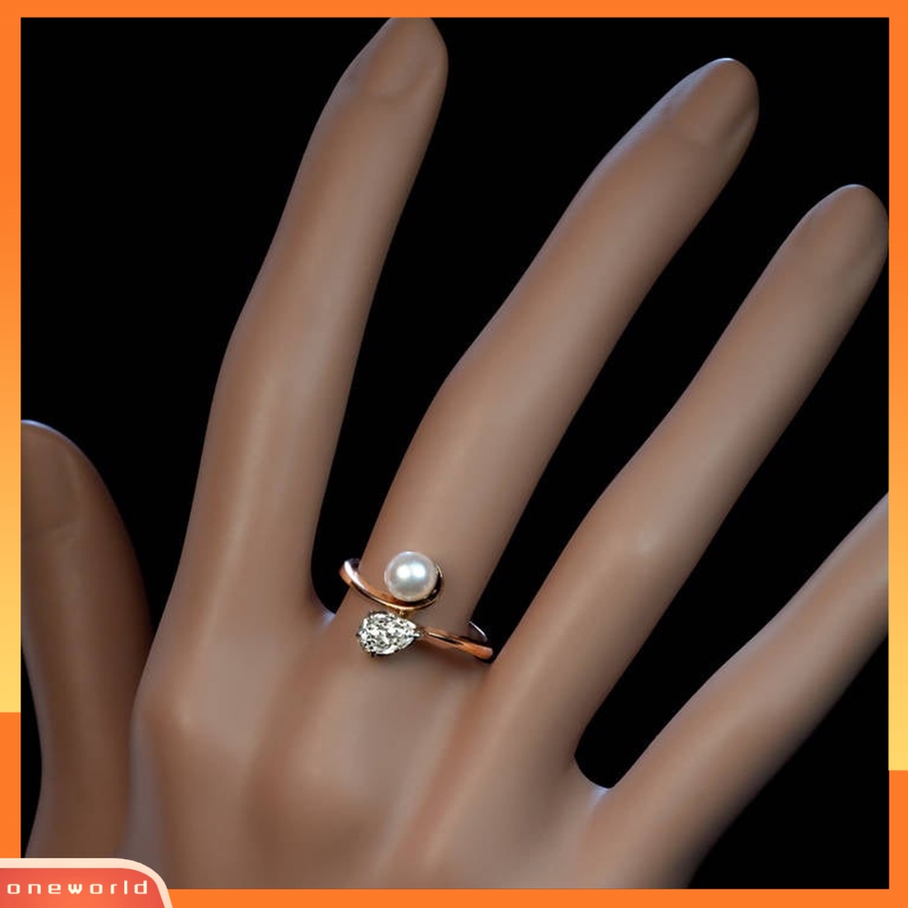 [EONE] Menawan Kulit-Menyentuh Cincin Lady Tembaga Faux Pearl Cubic Zirconia Finger Band Perhiasan Aksesori