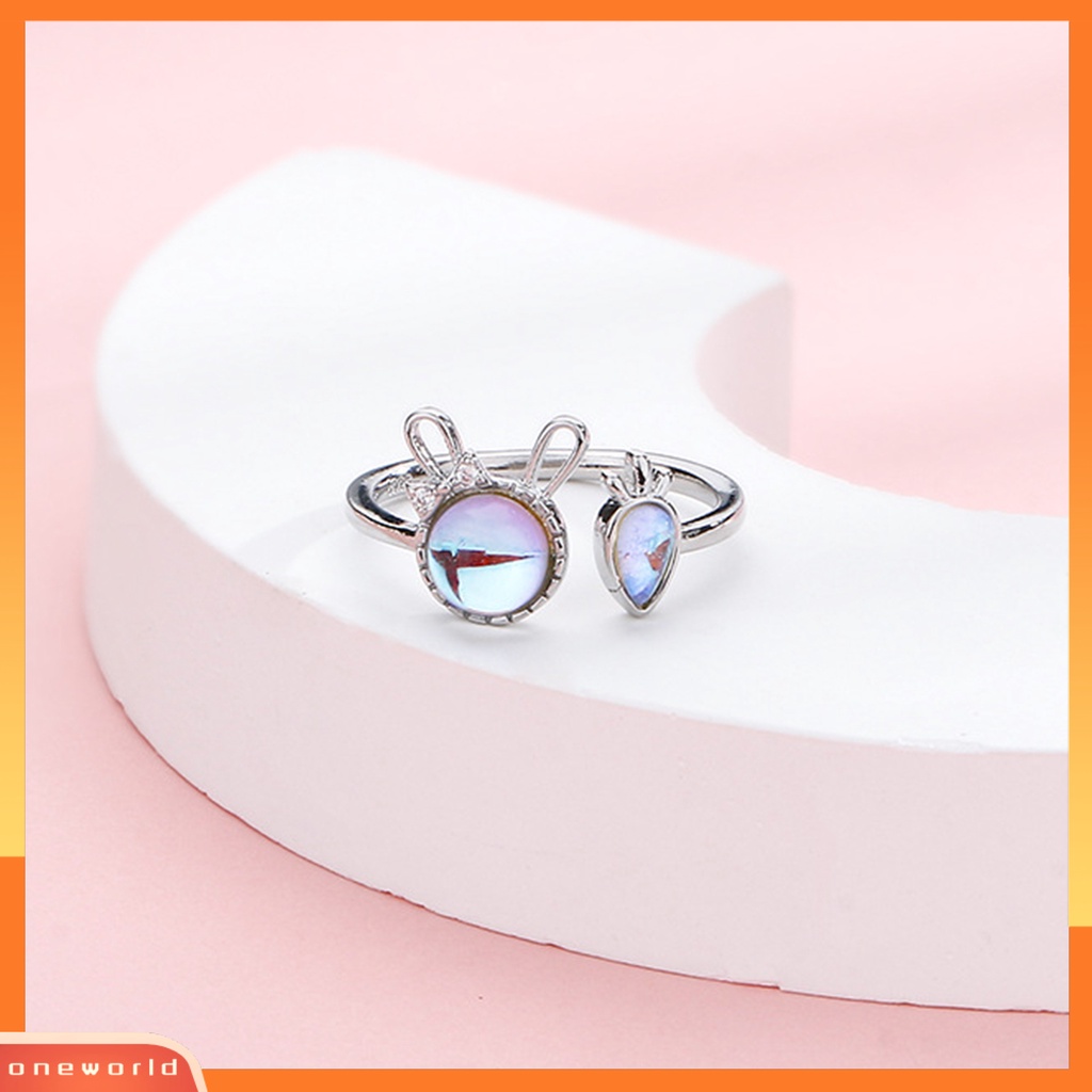 [EONE] Wanita Cincin Shiny Faux Moonstone Animal Element Adjustable Opening Design Hias Hadiah Kelinci Kecil Lobak Jari Cincin Perhiasan Pesta Untuk Pacaran