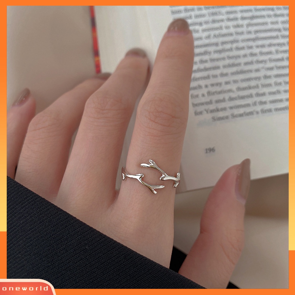 [EONE] Open Ring Adjustable Geometris Electroplating Tanduk Menawan Dekorasi Tahan Aus Cabang Sederhana Daun Cincin Tipis Aksesori Perhiasan