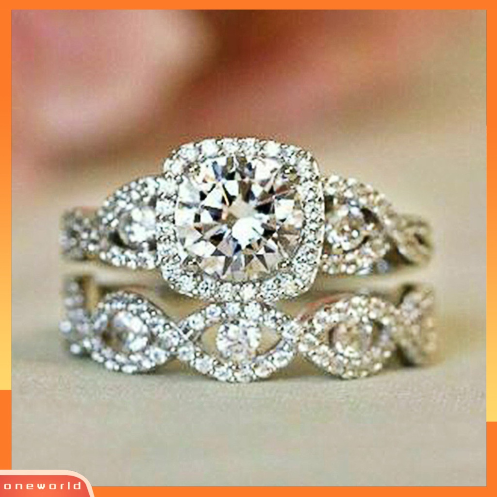 [EONE] 1set Wanita Set Cincin Berlian Imitasi Penuh Dipoles Simetris Hadiah Hari Ibu Pengantin Pernikahan Rings Women Jewelry