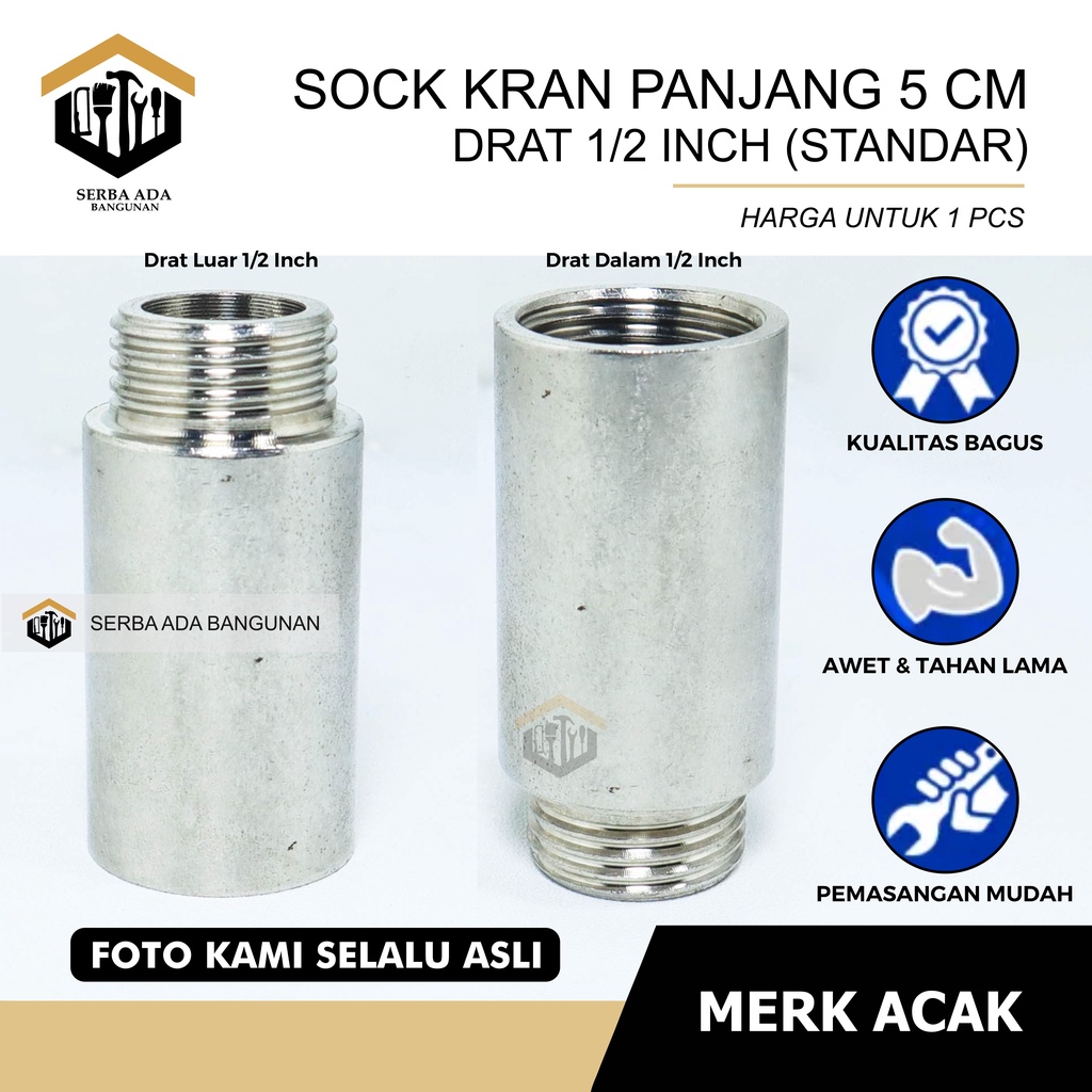 Sok Kran Drat Luar Dalam 1/2 Inch Inci Panjang Pendek Kuningan Sock Sambungan Keran Nepel Pipa 1/2&quot;