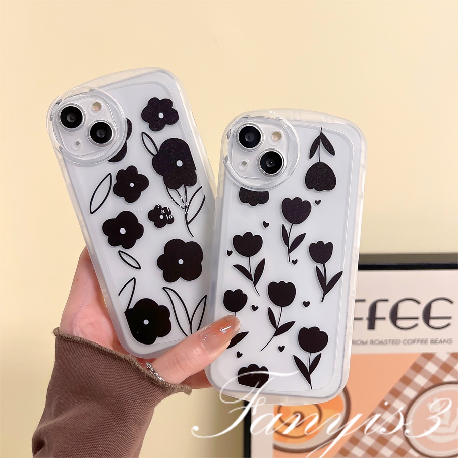 Compatible For iPhone 14 13 12 11 Pro Max X XR Xs Max 8 7 6 6s Plus SE 2020 Kompatibel Untuk Ins Bunga Hitam Casing Ponsel Lembut TPU Cover