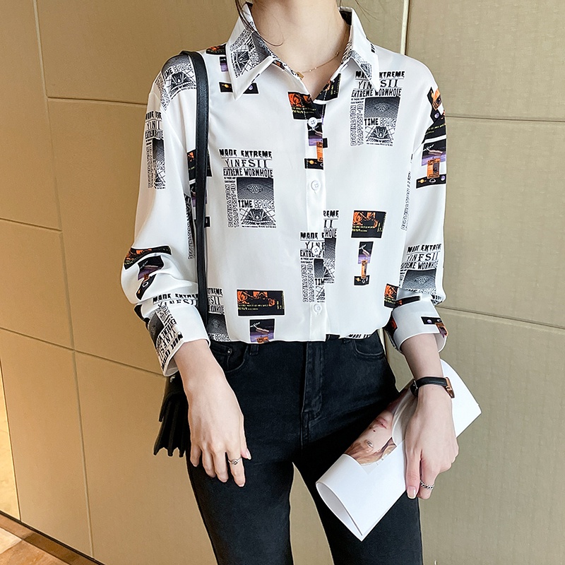 Fashion Korean White Letter Print Casual Work Long Sleeve Women Shirt Kemeja Wanita Lengan Panjang