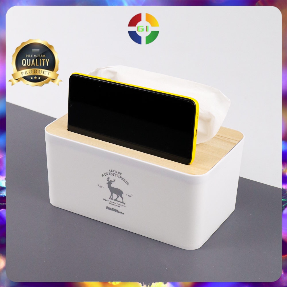 Kotak Tisu Kayu Tissue Box dengan Holder Smartphone White