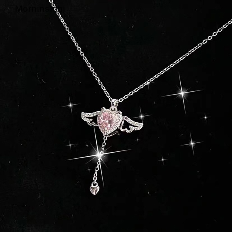 Mornin Kalung Liontin Hati Sayap Malaikat Kristal Pink Untuk Wanita Perhiasan Minimalis Rantai Leher Cewek id