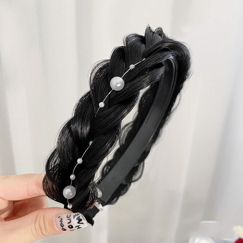 Jepang Korea Gaya Baru Tulang Ikan Kepang Wig One-Piece Twist Braid Mutiara Rumbai Berkelas Ikat Kepala