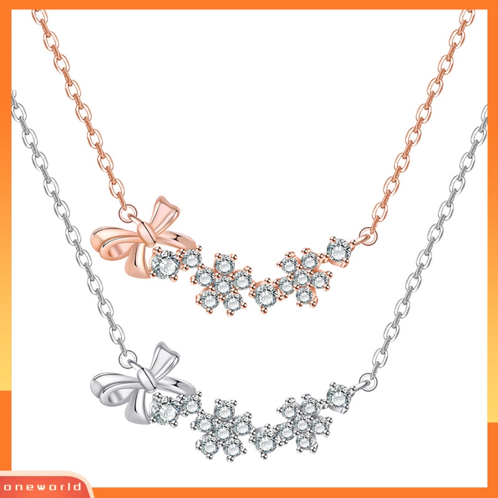 [EONE] Wanita Kalung Cubic Zirconia Bow-knot Decor Rantai Warna Solid Electroplated Neck Dekorasi Berongga Keluar Shiny Bentuk Bunga Lady Necklace Women Jewelry