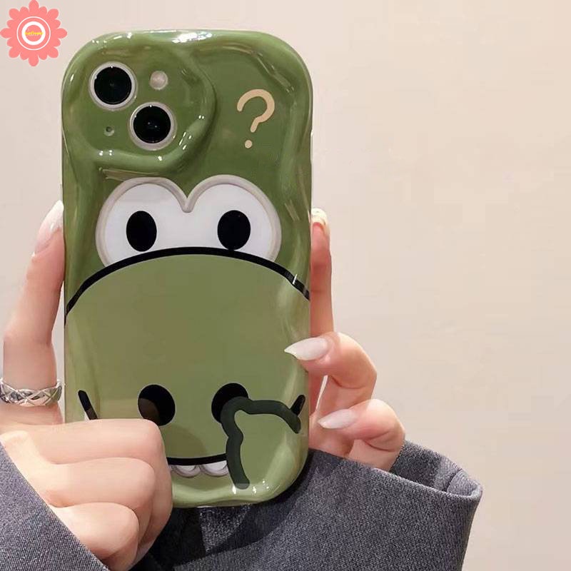 IPHONE 3d Wavy Curved Edge Cartoon Cute Little Dinosaur Phone Case Kompatibel Untuk Iphone11Xr X7 8 6s 6plus12 13 14 Pro Max XS Max SE 2020 Shockproof Glossy Tpu Soft Cover