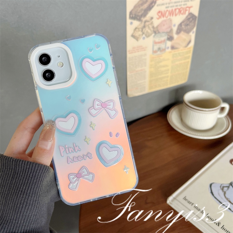 Compatible For IPhone 14 13 12 11 Pro Max X XR Xs Max 8 7 Plus SE 2020 Kompatibel Untuk Pink Love Heart Bow IMD Laser Gradient Phone Case TPU Lembut Shockproof Cover Pelindung