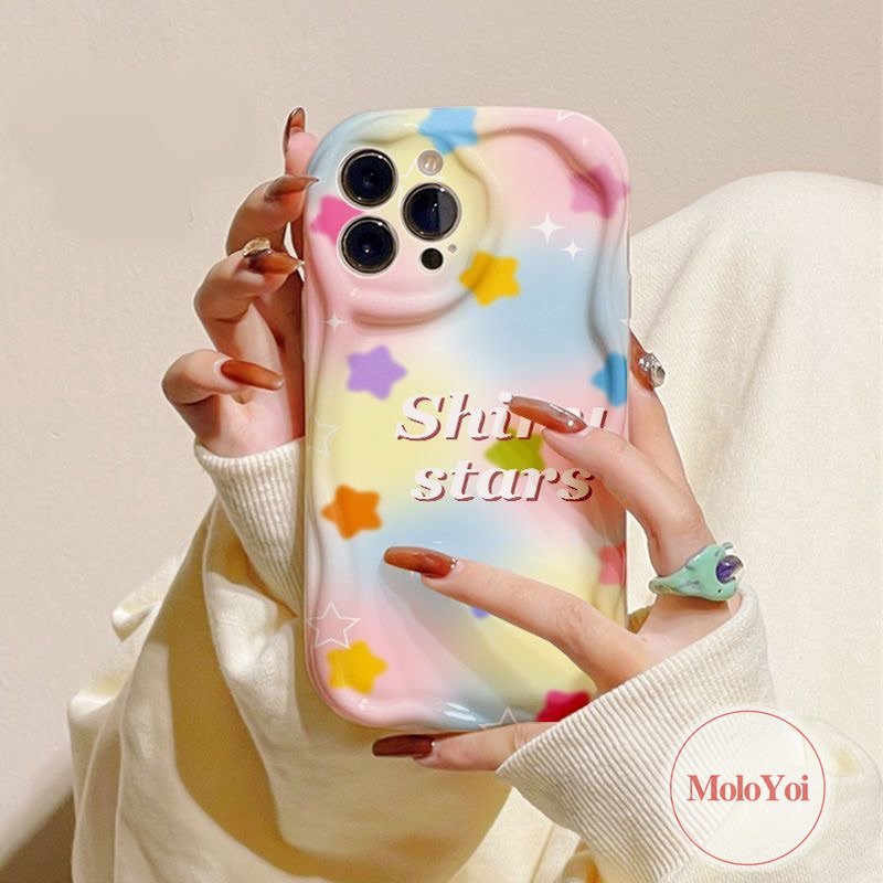 IPHONE Casing Huruf Bintang Kartun Warna-Warni Kompatibel Untuk Iphone11 14 12 13 Pro Max XR 7 8 6s 6 Plus X XS Max SE 2020 7Plus 8Plus Shockproof Glossy 3D Wavy Curved Edge Soft Cover