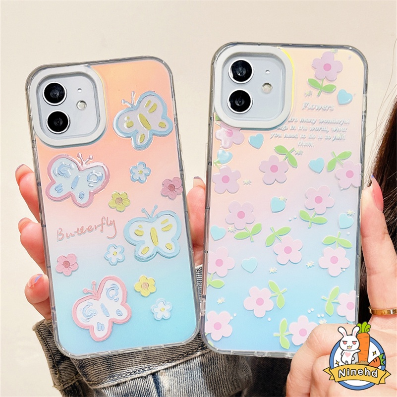 Gradient Laser Flowers Butterfly iPhone Case Kompatibel Untuk Iphone14 13 12 11 Pro Max X Xr Xs Max 8 7 6 Plus SE 2020 Bening Shockproof Silikon Ponsel Soft Case Cover Pelindung