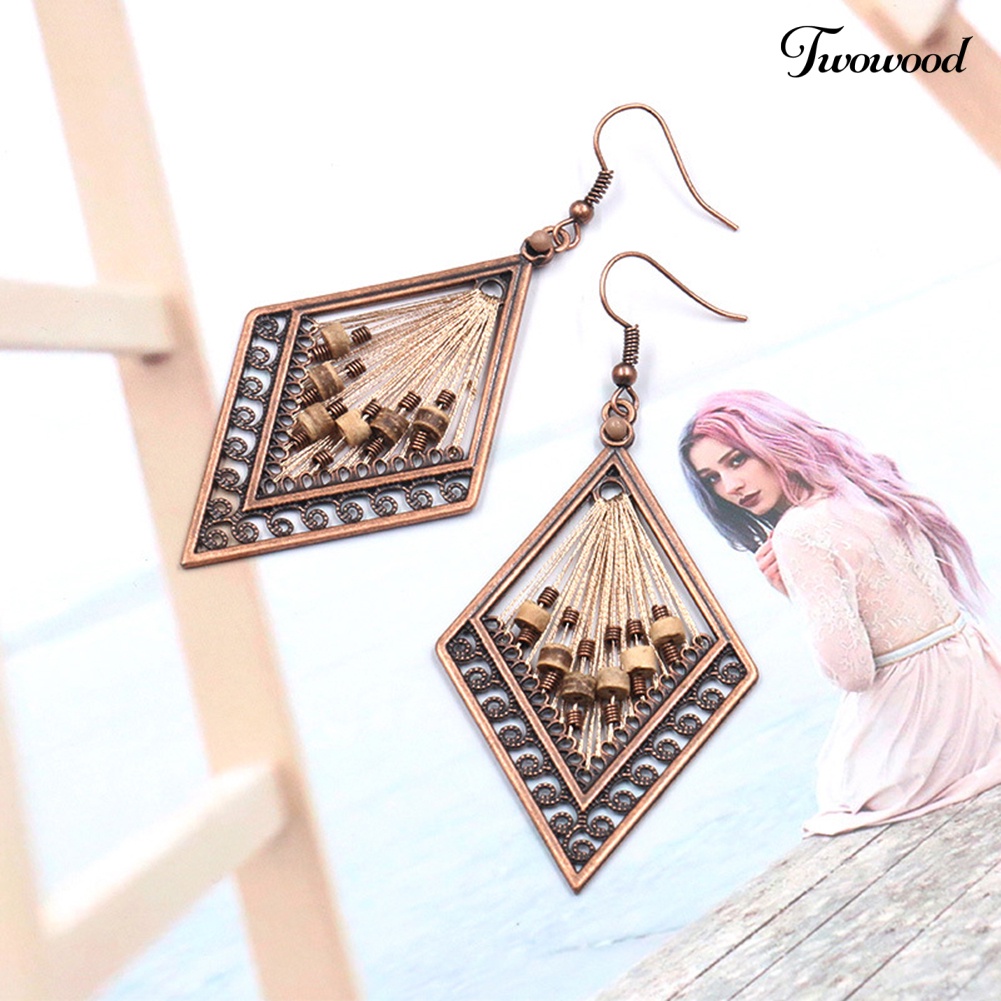 Twowood Bohemian Wanita Berongga Belah Ketupat Liontin Benang Menjuntai Drop Hook Anting Perhiasan