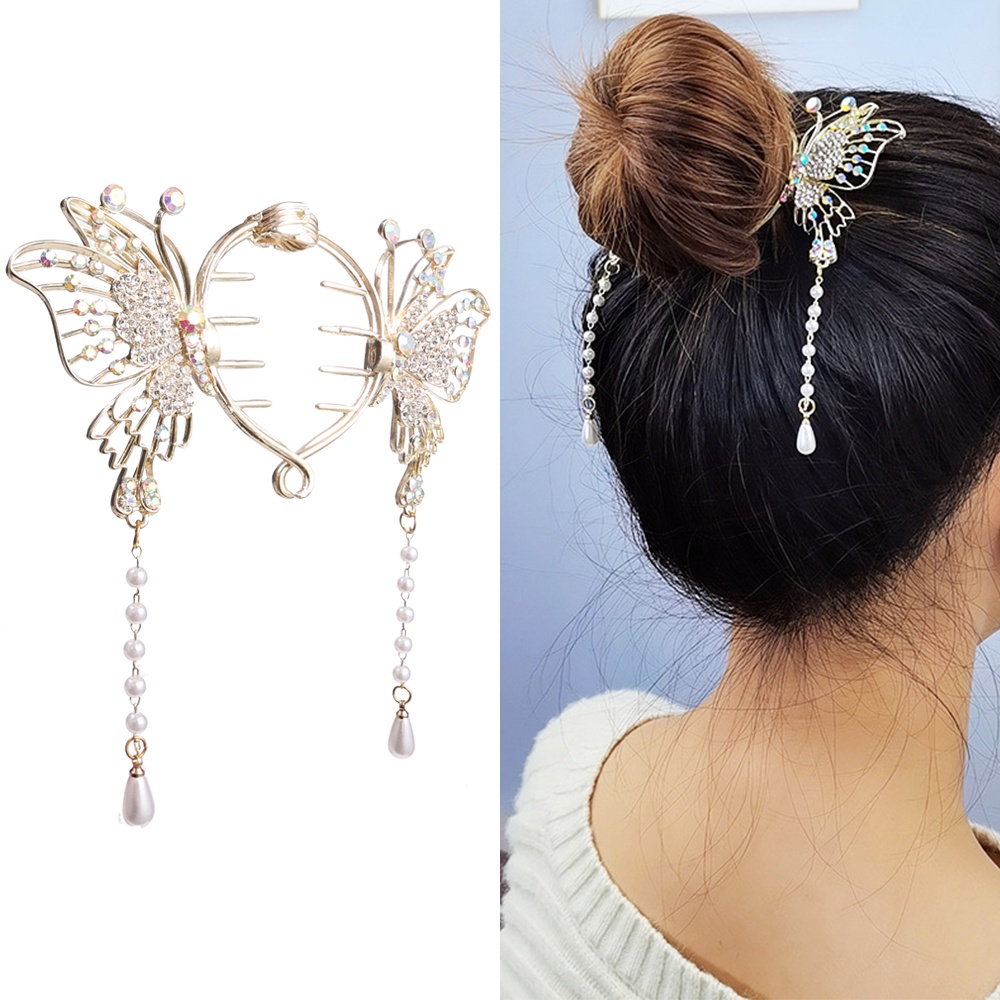 Retro Mutiara Kupu-Kupu Rumbai Jepit Rambut Korea Elegan Hiu Klip Hiasan Kepala Peri Temperamen Berlian Imitasi Mutiara Jepit Rambut Putri Bola Aksesoris Gesper Rambut Untuk Hadiah Gadis