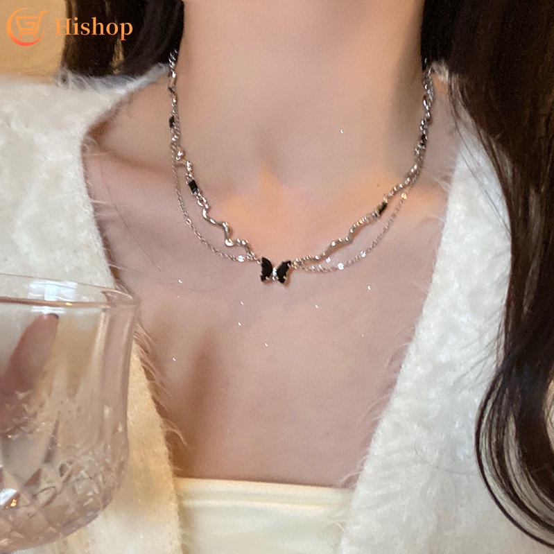 Y2k Gelombang Double Layer Kalung Choker Rantai Butterfly Silver Hitam Untuk Aksesoris Perhiasan Wanita