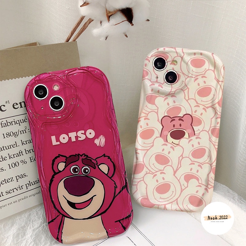 IPHONE Kartun Manyo Keren Strawberry Bear Memakai Sunglasse Case Kompatibel Untuk Iphone11 12 XR 7 8 6s 6 Plus 13 14 Pro Max X XS Max SE 3D Wavy Curved Edge Glossy Shockproof Soft Cover