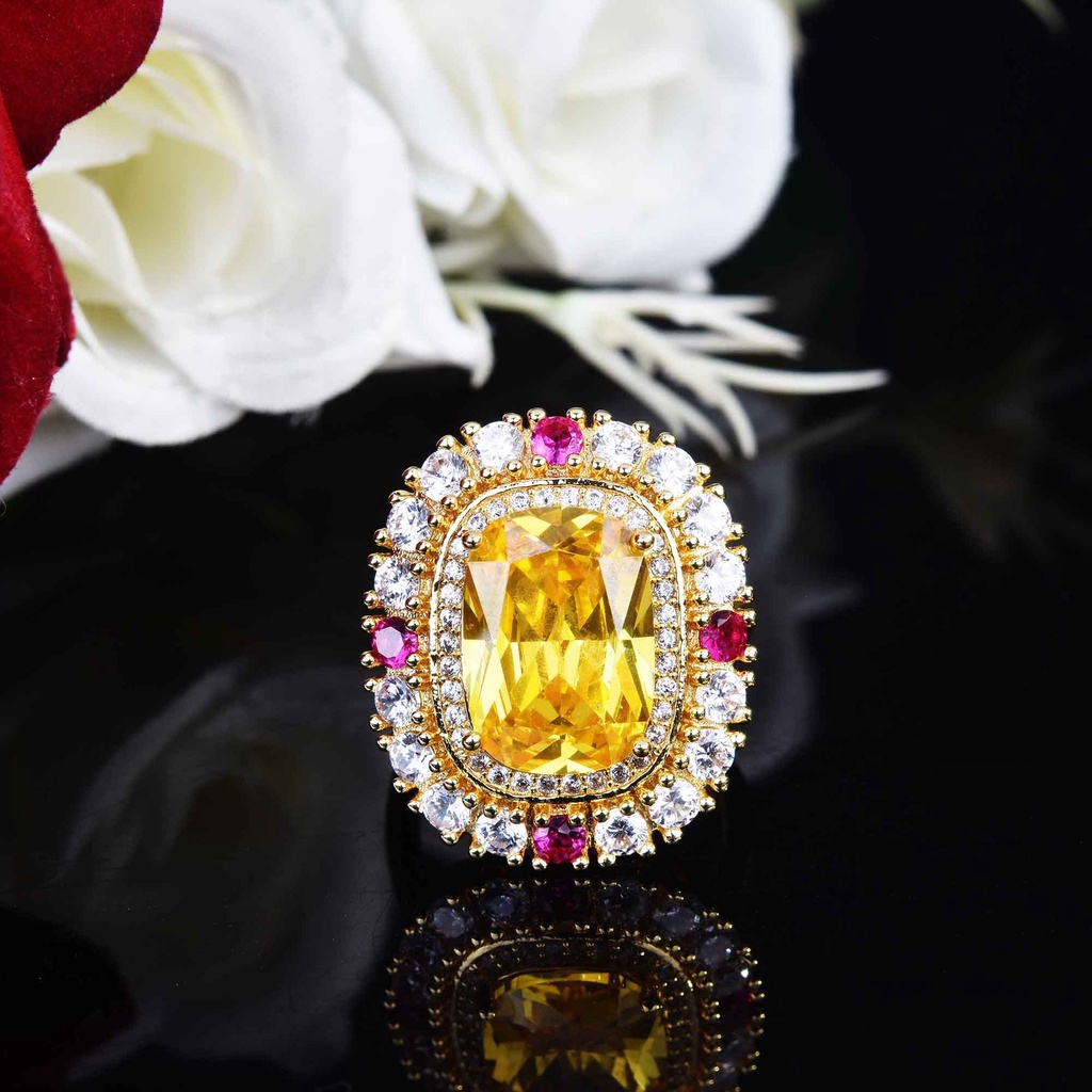 Goldkingdom Fashion Perhiasan Aksesoris Ready Stock Liontin Kristal Kuning Ruby Set Pertunangan Cincin Kalung