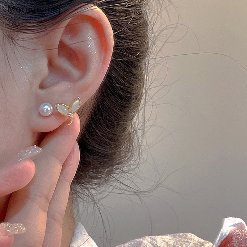 Mornin Baru Cahaya Zirkon Fishtail Pearl Stud Earrings Untuk Wanita Fashion Kristal Imitasi Mutiara Manis Anting-Anting Gadis Perhiasan Hadiah id