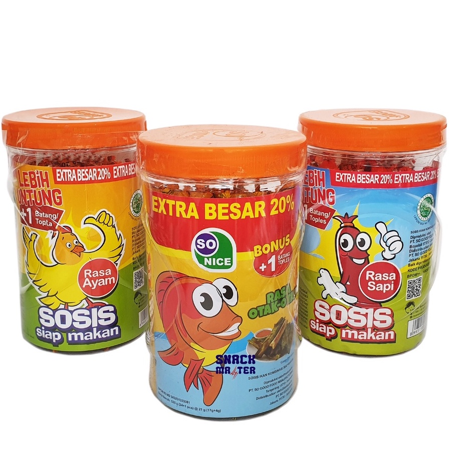 

SO NICE SOSIS SIAP MAKAN RASA SAPI AYAM IKAN OTAK OTAK SO GOOD CEMILAN ANAK MAKANAN RINGAN BUCKET SNACK BINGKISAN ULANG TAHUN GROSIR MURAH BANDUNG MINUMAN SIAP SAJI 21gr