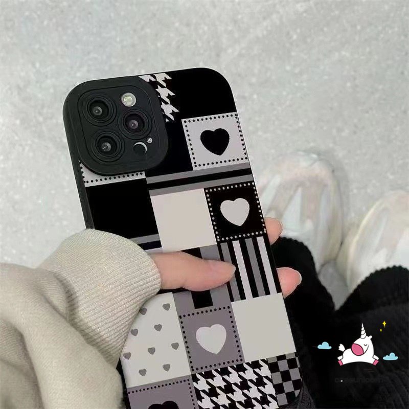 IPHONE Couple Chessboard Houndstooth Pattern Back Case Kompatibel Untuk Iphone11 12 14 13 Pro Max7 8 Plus X XR XS MAX Lembut Shockproof Mewah Tekstur Kulit Cinta Hati Bunga Cover