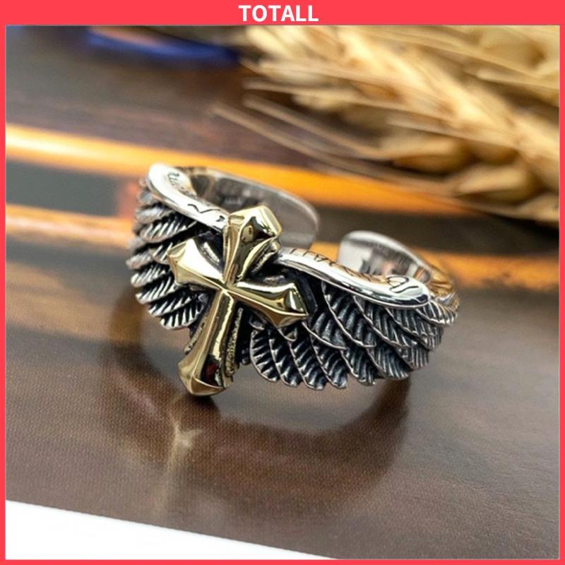 COD Cincin Pria Vintage Wings Cross Grafiti Surat Terbuka Cincin Pribadi-Totall