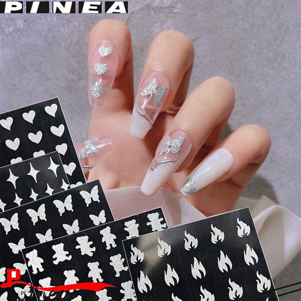 PINEAPPLE New Glitter Silver Manicure DIY Star Bear 3D Nail Stickers Adhesive Decals Fire Flame Desogn Shiny Nail Art Decor Love Heart