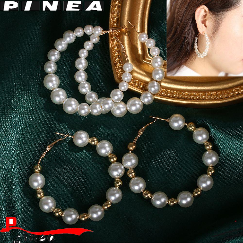 Perhiasan Anting Hoop Mutiara Nanas Bentuk Bulat Mode Lingkaran Besar