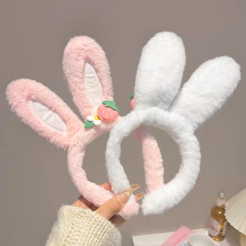 Cute Strawberry Flower Rabbit Ear Hair Band Wanita Plush Aksesoris Rambut Anak - SG