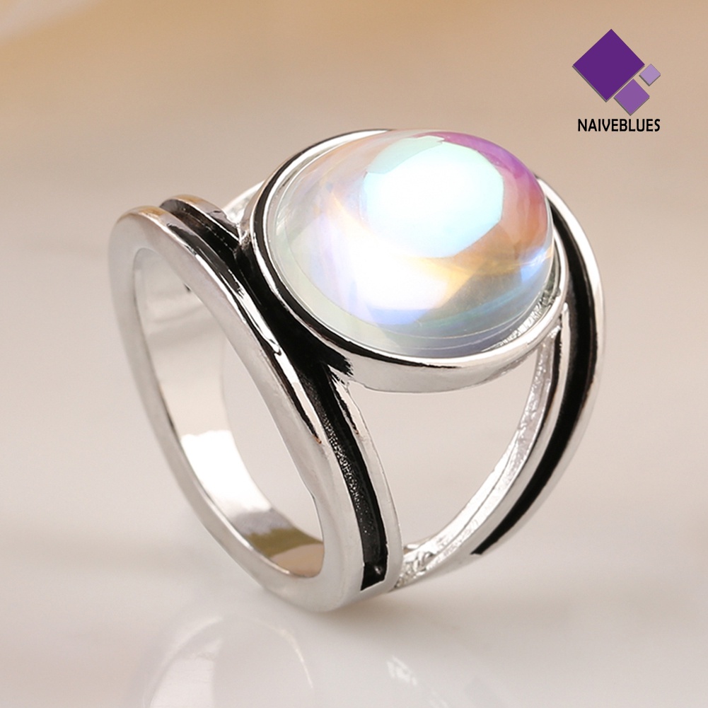 &lt; Naiveblues &gt; Fashion Wanita Oval Besar Multicolor Faux Moonstone Finger Ring Decor Gift