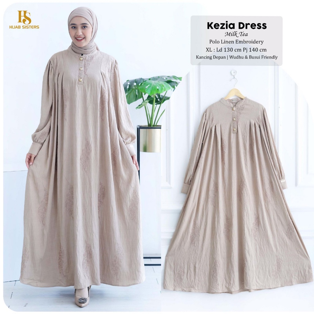 KEZIA Dress Jumbo ORI HIJAB SISTER | Gamis Terbaru Polo Linen Embroidery Polos LD 130