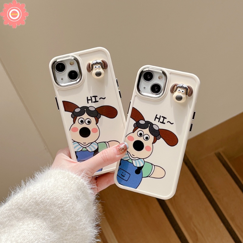 IPHONE 3d Mainan Anjing Lucu Plating Metal Frame Case Kompatibel Untuk Iphone7 8 Plus XR 11 12 14 13 Pro MAX 7plus X 8plus XS MAX Kartun Wallace Dan Gromit Electroplate Soft Cover