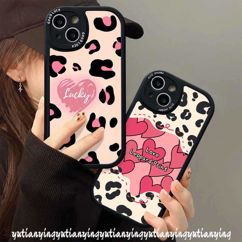 Shockproof Lucky Love Heart Leopard Print Case Kompatibel Untuk IPhone XR XS X Max 6s 6plus11 14 13 12 Pro 8 7 Plus Max SE 2020 Ins Fashion Pasangan Kembali Lembut Tpu Phone Cover