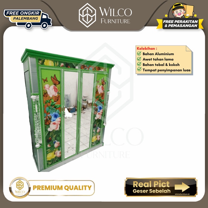 Lemari Pakaian Aluminium Motif Bunga 3 Pintu / Lemari Baju Full Kaca