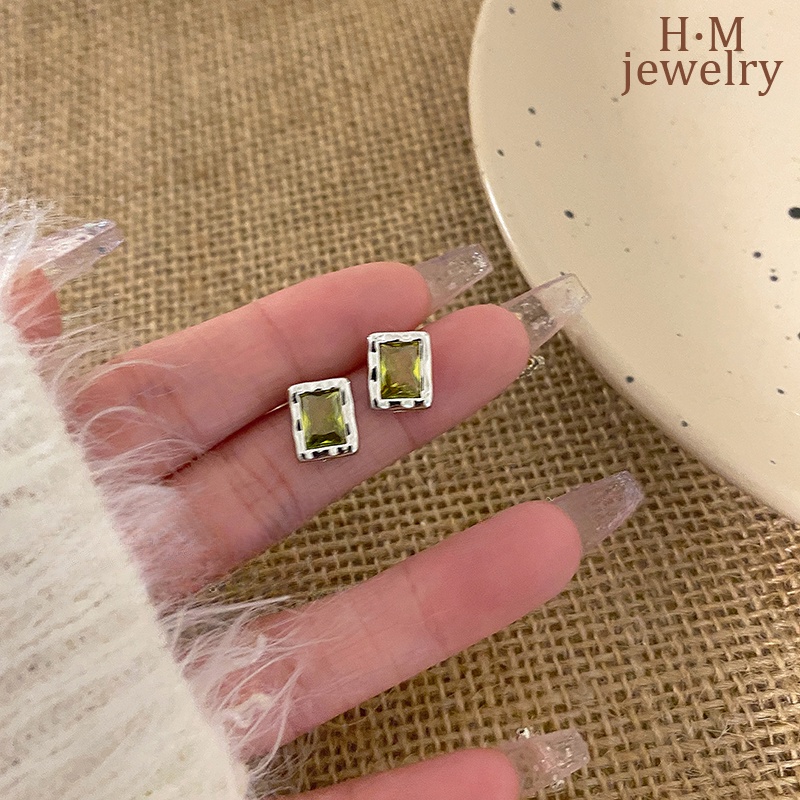 S925 Perak Indah Hijau Persegi Aaa Zirkon Stud Earrings Anting Kecil