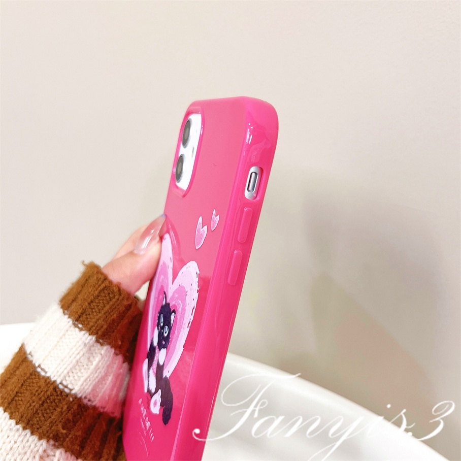 Compatible For iPhone 14 13 12 11 Pro Max X XR Xs Max 8 7 6 6s Plus SE 2020 Kompatibel Untuk Black Cat Heart Pink Permukaan Glossy Phone Case TPU Silikon Lembut Cover Pelindung