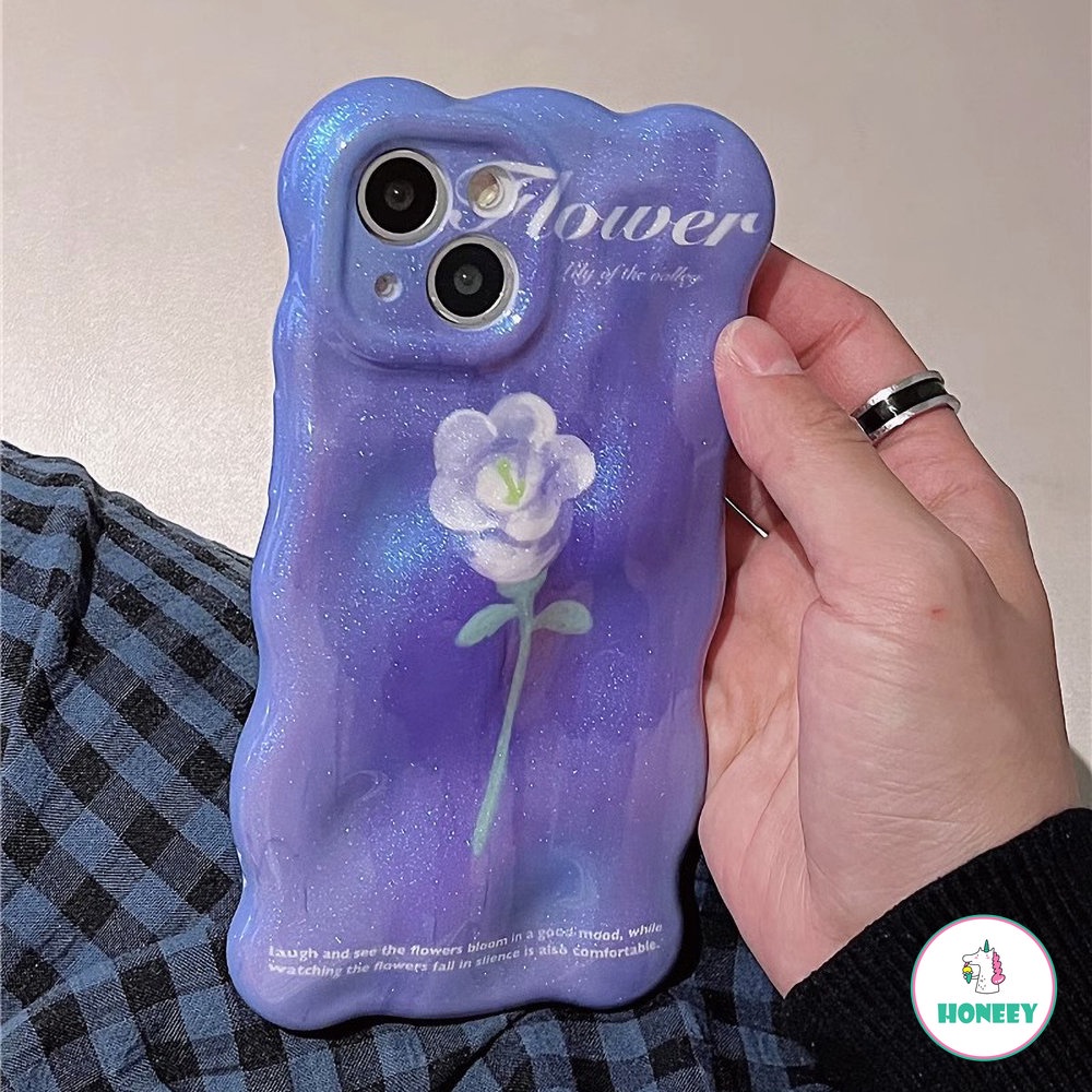 IPHONE Ins Luxury Glitter Art Rose Floral Case Kompatibel Dengan Iphone11 12 13 14 Pro Max Ungu Biru Lipit Kulit Shockproof Back Cover