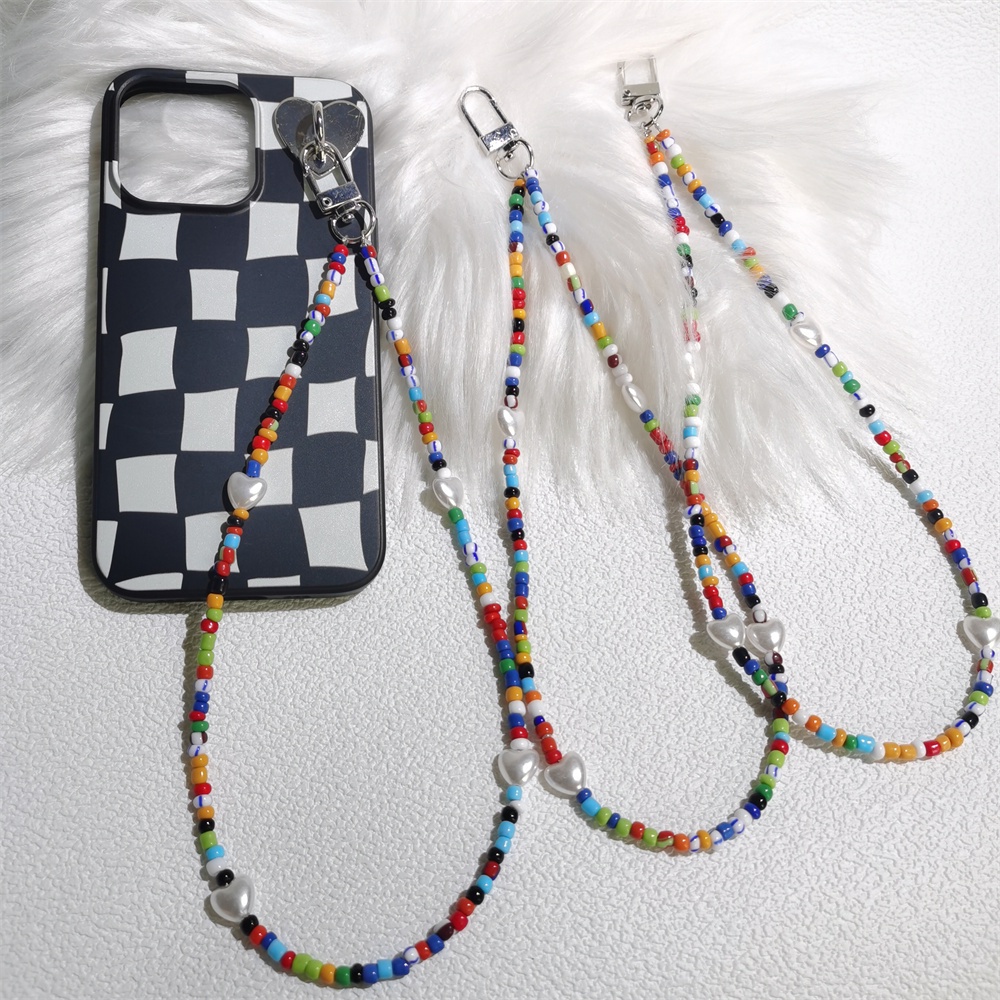 Gantungan Kunci Manik-Manik Warna Pelangi Dengan Kait Hati Rantai Ponsel Anti Hilang Akryli Tali Strap Lanyard