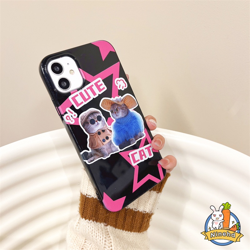 IPHONE Casing Kompatibel Untuk Iphone14 13 12 11 Pro Max X Xr Xs Max8 7 6 6s Plus SE 2020 Ins Label Keren Kucing Lucu Casing Ponsel Hitam Full Cover Shockproof Halus Glossy Lembut TPU Penutup Belakang