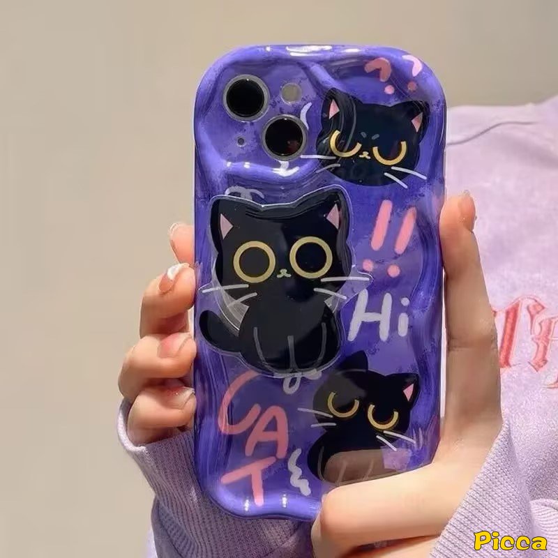 IPHONE Trendy Keren Kartun Kucing Anjing Lucu Love Heart Letter Case Kompatibel Untuk Iphone11 14 12 13 Pro Max XR 7Plus 6s 6 7 8 Plus X XS Max SE 2020 3D Wavy Curved Edge Soft Cover