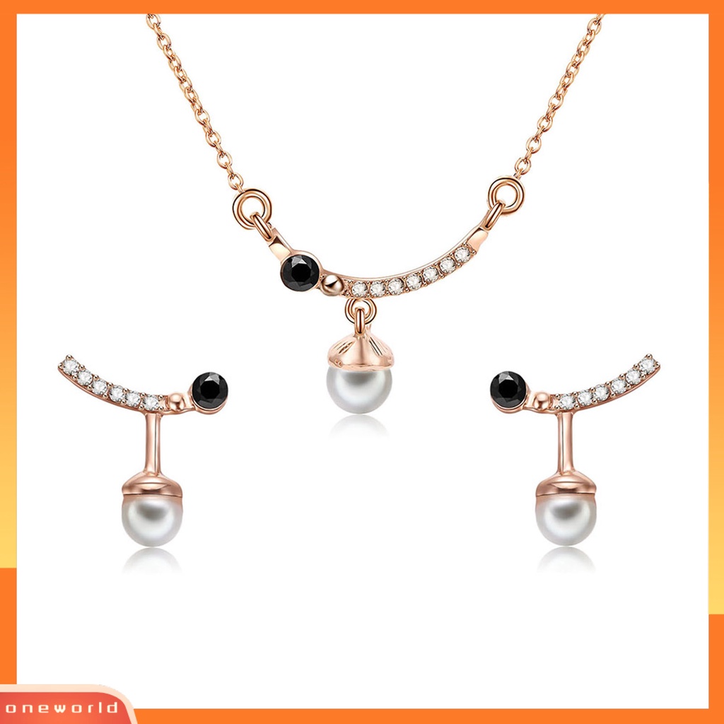 [ONE] 1set Set Perhiasan Geometris Mutiara Imitasi Berlian Imitasi Electroplating High Gloss Dekorasi Hypoallergenic Aksesoris Pengantin Kalung Anting Set Perhiasan Aksesori