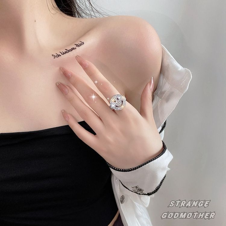 Smiley Face Cincin Perempuan Jepang Korea Kepribadian Trendi Berlebihan Berlian Cincin Terbuka Gadis Jantung ins Jari Telunjuk Cincin Ekor Cincin