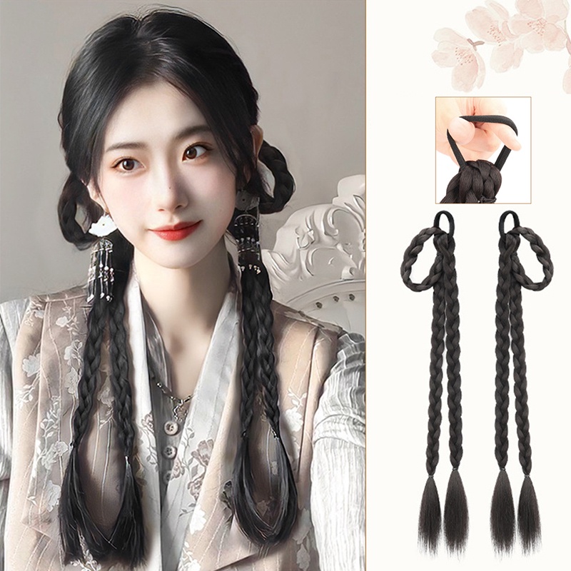 1pasang Kepang Panjang Ponytail Wig Gadis Manis Keren Ganda Drooping Telinga Kelinci Memutar Rambut Wig Rambut Ekstensi 55cm