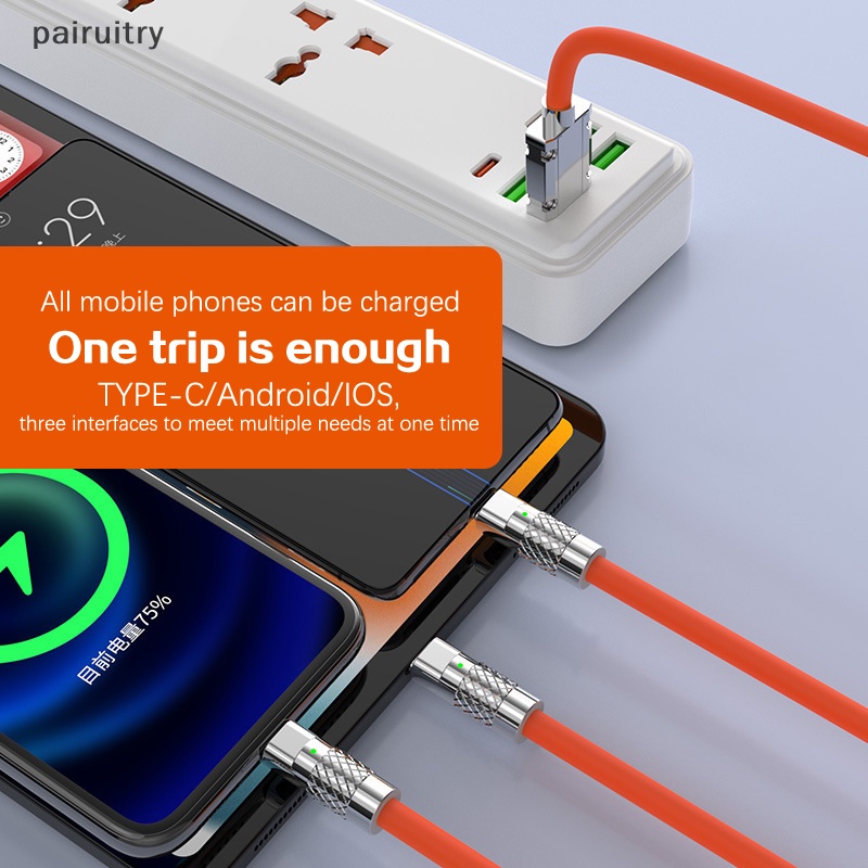 Prt Menebal 3in1 120W USB Fast Charger Cable Untuk Micro USB Type-C Charging Cable Dengan Lampu Untuk Huawei Samsung Xiaomi Data Line PRT