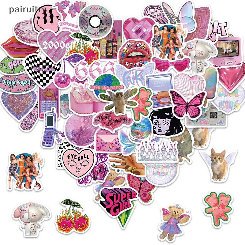 Prt 58Pcs Y2k Pink Stiker Lucu Imut Graffiti Cewek Skateboard Tahan Air Bagasi Sport DIY Laptop Stiker Mobil Decals Mainan Anak PRT
